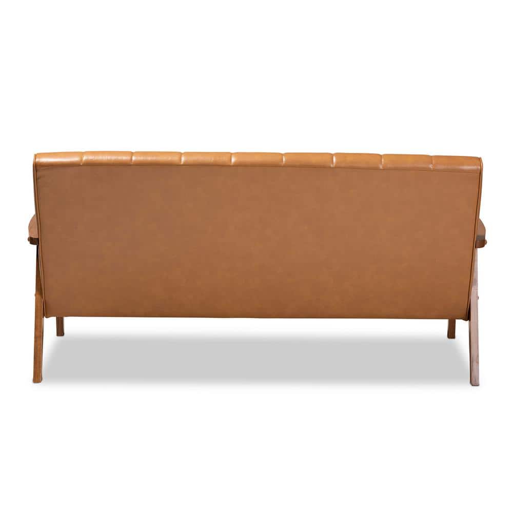 Nikko 64'' Walnut Brown Faux Leather Mid-Century Sofa