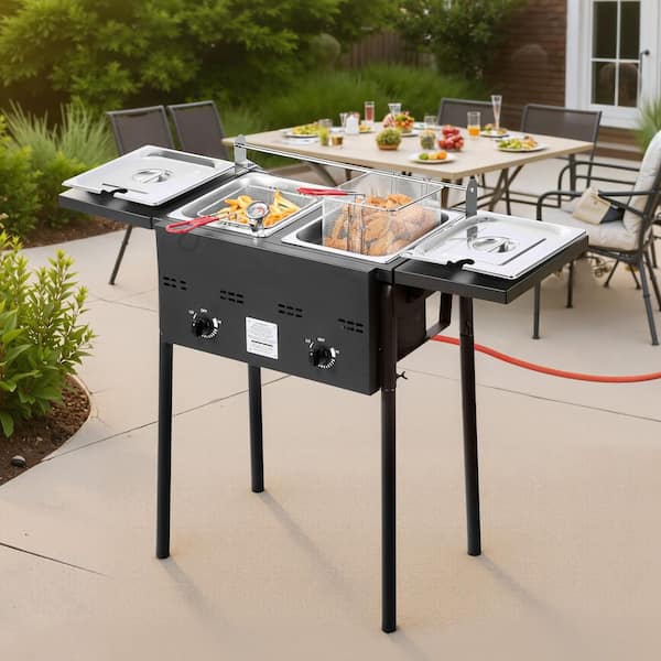 Outdoor Propane Deep Fryer, Double Burners, 16 qt. Stainless Steel Fryer with Removable Baskets, Lids and Tanks