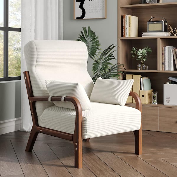 Bestier 34.7 in. H Off White Upholstered Arm Chair Accent Chair with High Back and 2-Armrest Pillow