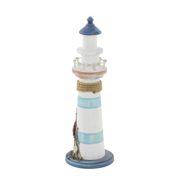 Litton Lane 6 in. x 16 in. Blue Wood Light House Sculpture with Netting