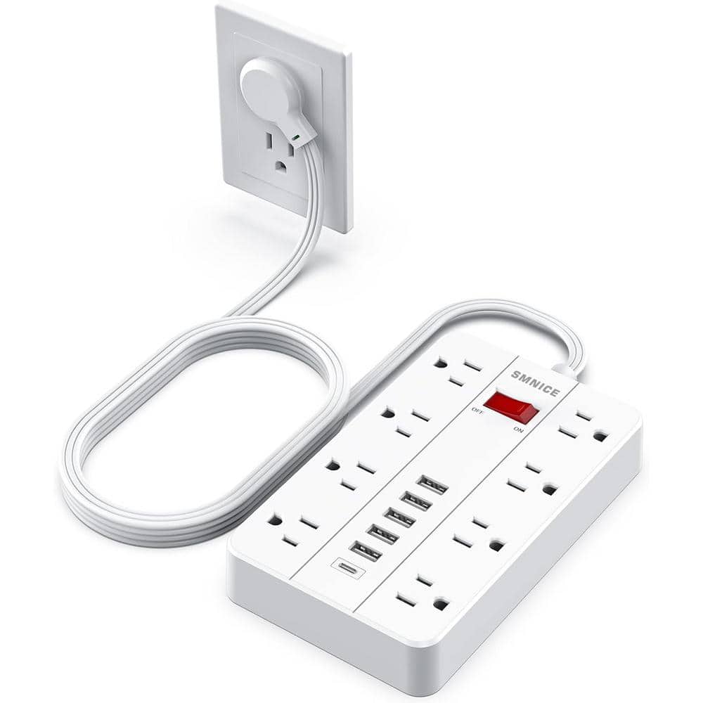 White 5 ft Power Strip with 8 Outlets and 6 USB Ports