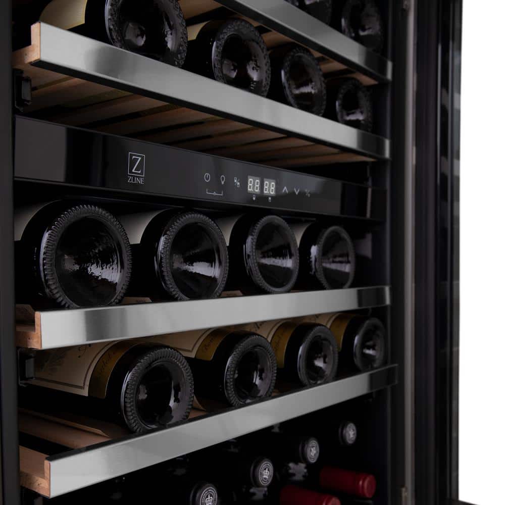 Stainless Steel Dual Zone Wine Cooler with Gold Handle and Interior Lighting