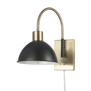 1-Light Matte Brass Plug-In or Hardwire Wall Sconce with Matte Black Accents, 6 ft. Clear Cord, On/Off Rotary Switch