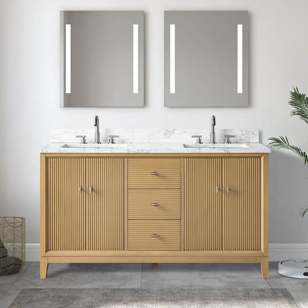 60 in. W Double Sink Freestanding Natural Oak Bath Vanity Cabinet with Arabescato White Engineered Marble Top