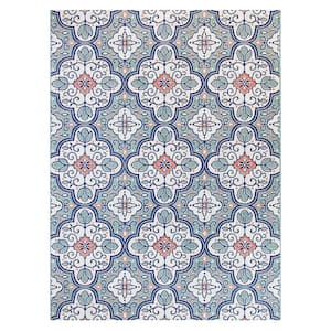 Star Moroccan Teal/White 8 ft. x 10 ft. Floral Indoor/Outdoor Area Rug
