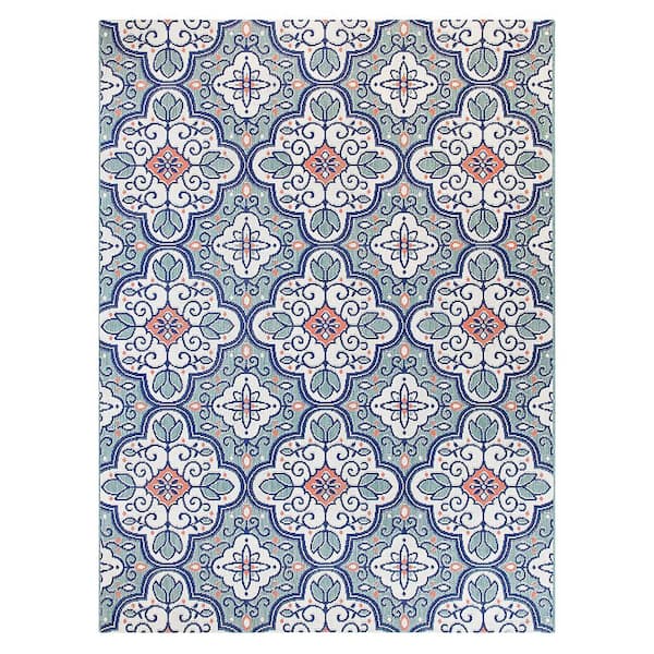 Hampton Bay Star Moroccan Teal/White 9 ft. x 12 ft. Indoor/Outdoor Patio Area Rug