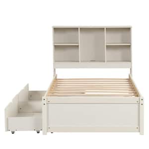 White Washed Frame Twin Size Platform Bed with USB Charging Station and Storage Headboard