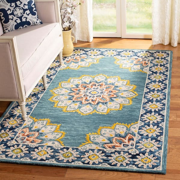 Blossom 6 ft. x 6 ft. Blue/Gold Floral Border Medallion Square Area Rug