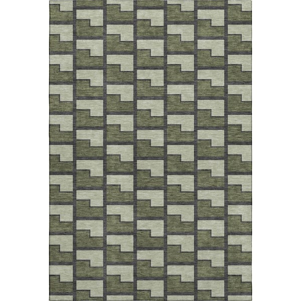Mayfield Premium Machine Washable Abstract AMF2416 Olive 5 ft. x 7 ft. 6 in. Area Rug