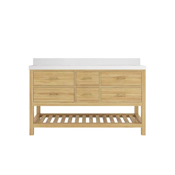 Willow Collections Parker Teak 60 in. Double Sink Freestanding Light Natural Bath Vanity with White Qt. Top Unassembled