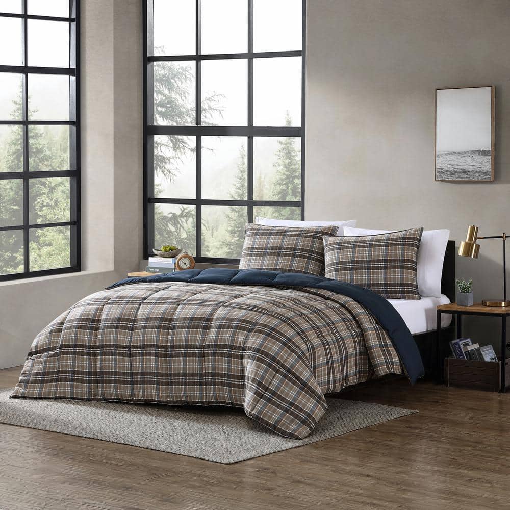 Twin Brown Plaid Microsuede Duvet Cover Set with Sham