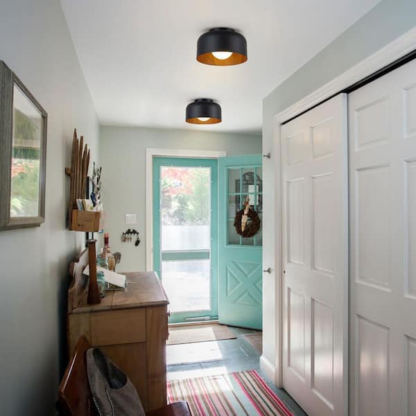 Nathan 8.7 in. 1-Light Farmhouse Black Flush Mount with Opal Glass Shade