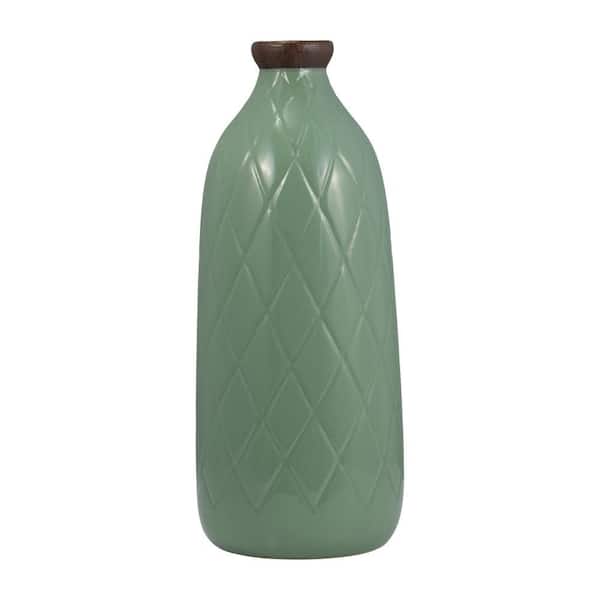 Liv & Skye 16 in. Green Ceramic Cylinder Decorative Vase with Plaid Textured Design