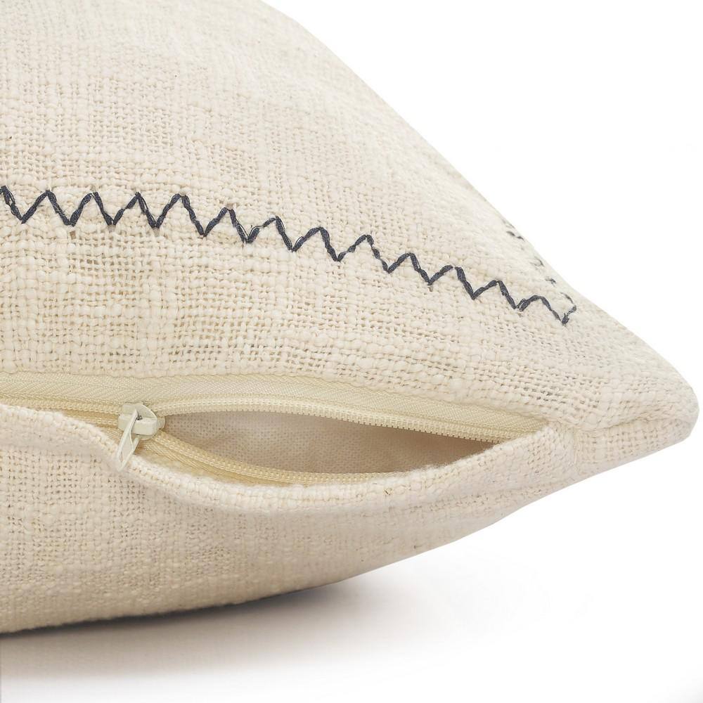 Off-White and Navy Blue Embroidered Rectangular Lumbar Pillow