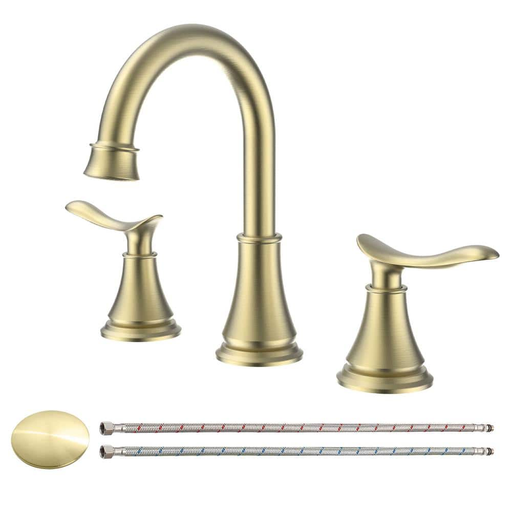 8 in. Widespread Double Handle Bathroom Faucet Combo Kit with Pop Up Drain and Water Supply Hoses in Brushed Gold -  Nestfair, SX-DR307