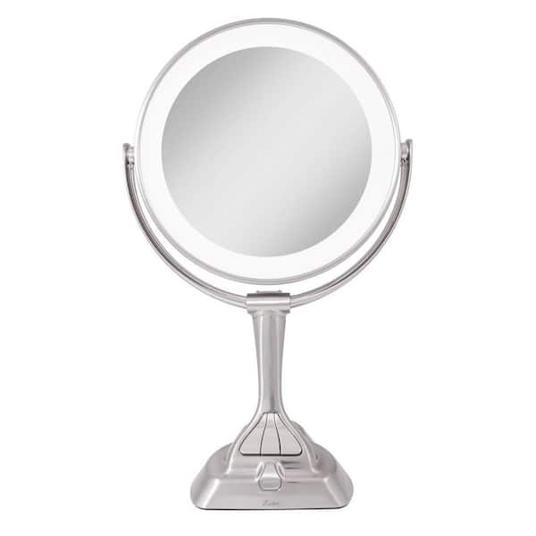 15.75 in. L x 10 in. W LED Angle Adjustable Freestanding Bi-View 10X/1X Vanity Beauty Makeup Mirror in Satin Nickel