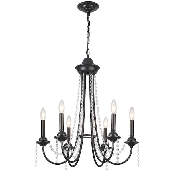 Ladonte 6 Light Black Traditional Candle Style Crystal Raindrop Chandelier for Bedroom Living Room Kitchen Island