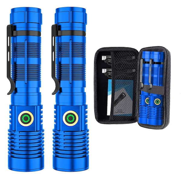 IPX6 Blue 3.7 Volt 12000 Lumen LED Rechargeable Flashlight Handheld Worklight Battery Operated 5.8 in. Tool Only 2-Pack