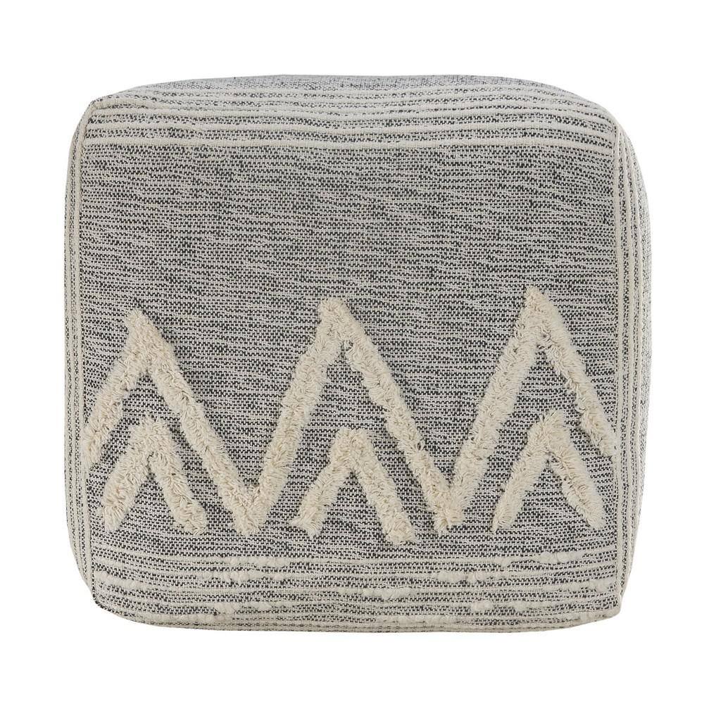 Gray and Ivory Tufted Geometric Square Pouf, 16"