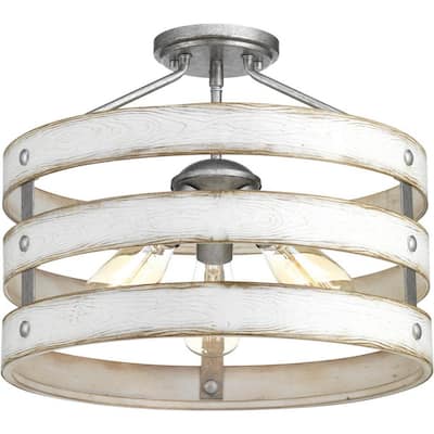 Gulliver 17 in. 3-Light Galvanized Coastal Semi-Flush Ceiling or Hanging Light with Painted Antique White Frame