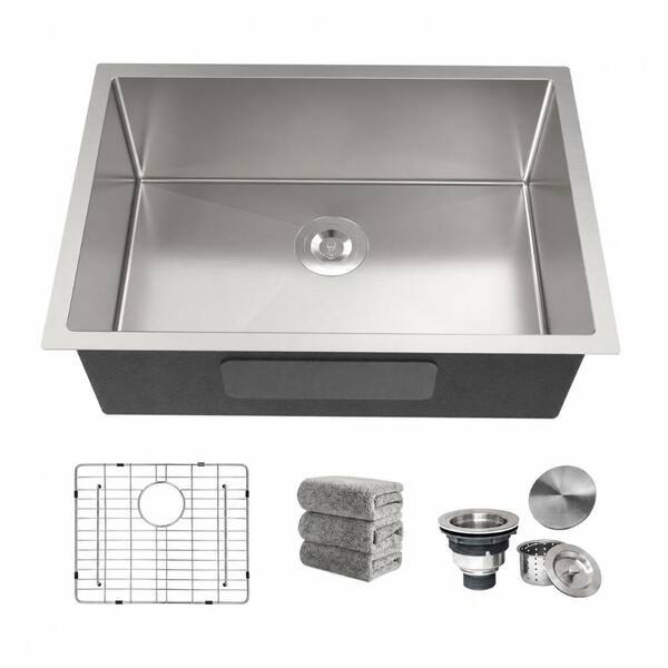 26 in. Undermount Single Bowl 16-Gauge Handmade Stainless Steel Kitchen Sink with Accessories, Rounded Corners