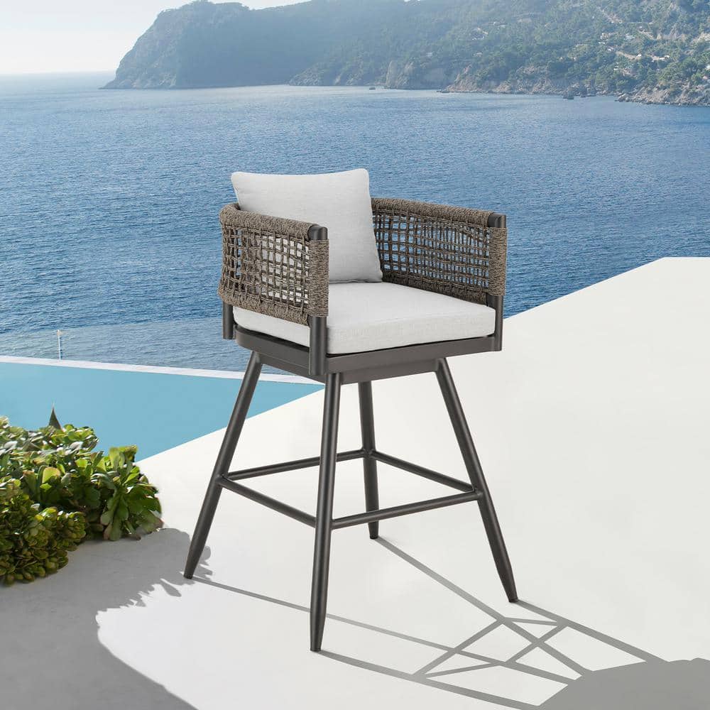 Alegria Bar Height Swivel Aluminum Outdoor Bar Stool with Light Gray Cushio