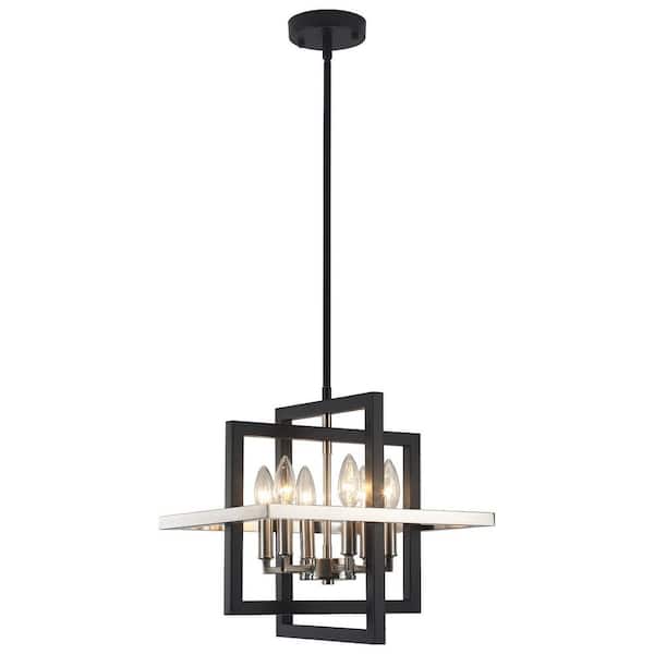 6-Light Black and Nickel Industrial Chandelier, Adjustable Height Rectangle Chandeliers for Entryway
