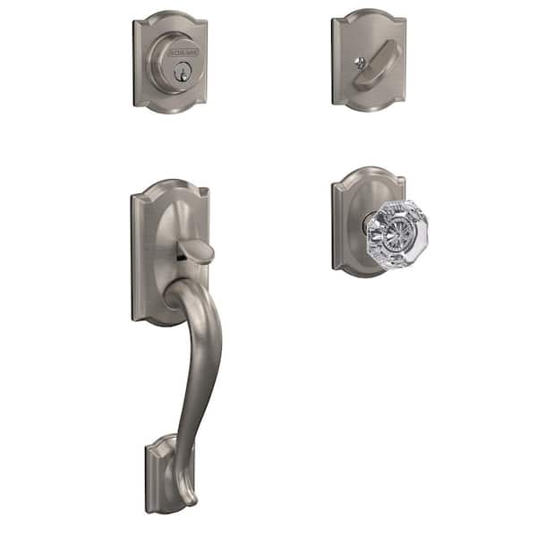 Custom Camelot Satin Nickel Single Cylinder Door Handleset with Alexandria Glass Door Knob and Camelot Trim