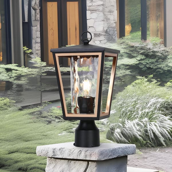 Modern 15.7 in. 1-Light Black Gold Metal Outdoor Weather Resistant Post Light Rippled Glass Porch Walkway Post Lantern