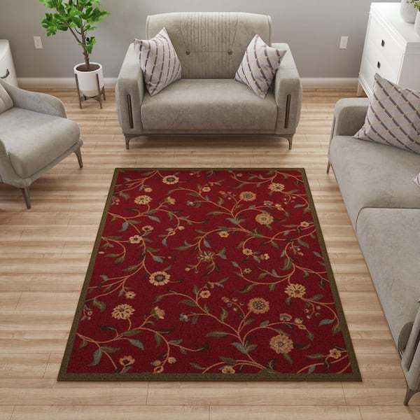 Ottohome Collection Non-Slip Rubberback Floral Leaves 5x7 Indoor Area Rug, 5 ft. x 6 ft. 6 in., Dark Red