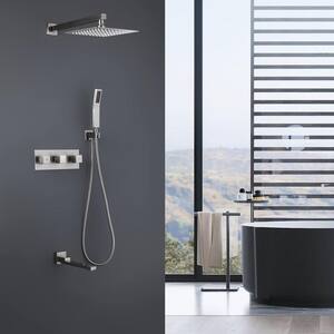 2-Spray 12 in. Square Rain Shower Head with Hand Shower and Tub Faucet in Brushed Nickel (Valve Included)