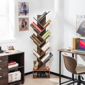 15 in. Wide Rustic Brown 10-Tier Tree Bookshelf with Drawer Free-Standing Storage Bookcase