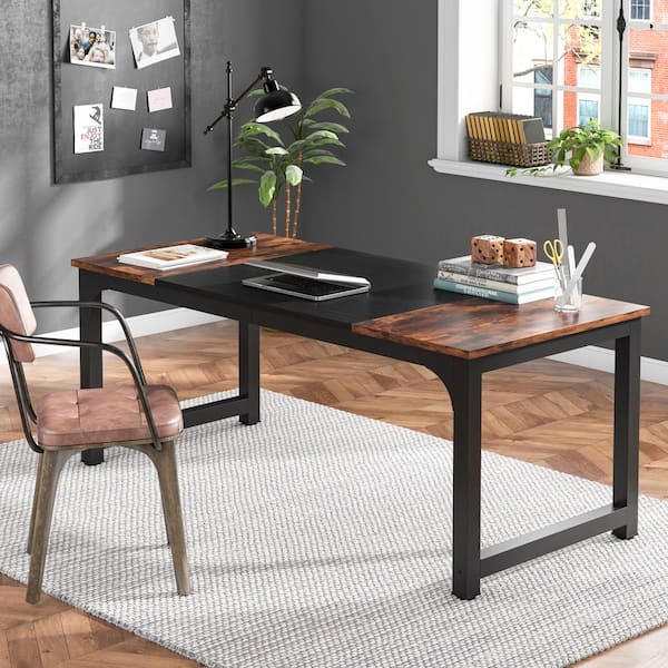 70.8 in. Rectangular Brown and Black Engineered Wood Computer Desk Study Writing Table for Home Office