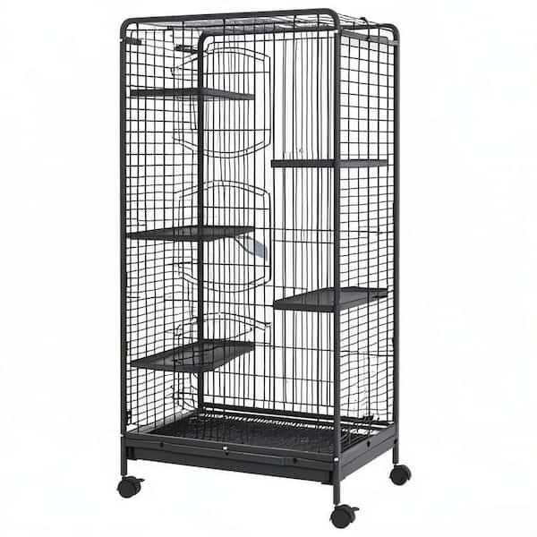 6 Level Small Animal Cage for Dwarf Rabbits, Pet Minks, and Chinchillas Removable Tray, Ramp, Water Bottle, Black