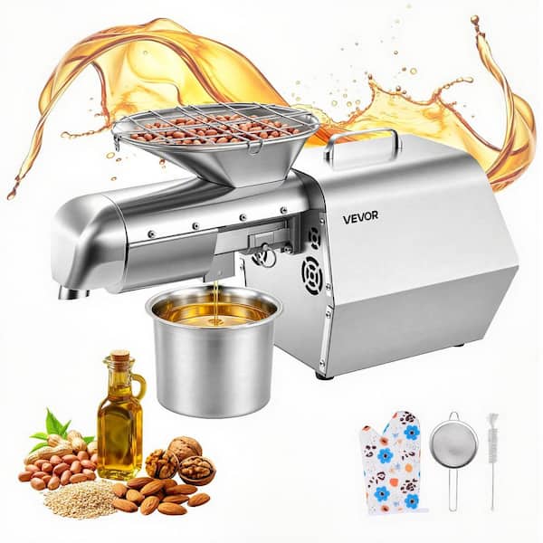 Stainless Steel Oil Press Machine, 11 lbs./H Capacity, 1250W Oil Extractor, 122℉-572℉ for Peanuts Sesames, (Set of 1)
