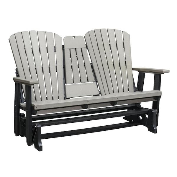American Furniture Classics Adirondack Series 60 in. 2-Person Black Frame High Density Plastic Outdoor Glider with Light Gray Seats and Backs