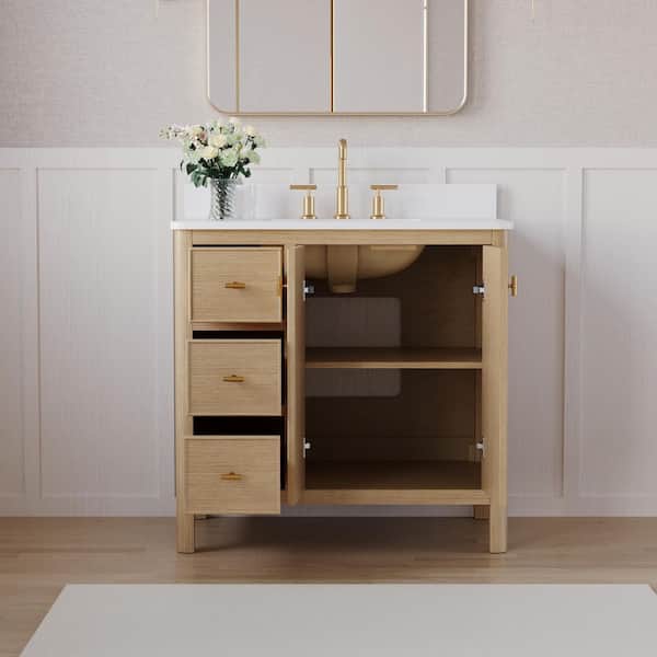 36 in. Solid Wood Freestanding Oak Bath Vanity with White Quartz Top Assembled