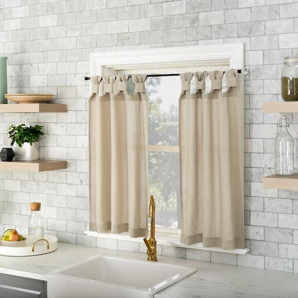 Sun Zero Sarro Oatmeal Cotton 52 in. W x 36 in. L Tab Top Light Filtering Curtain Tier Pair for Kitchens (Set of 2)