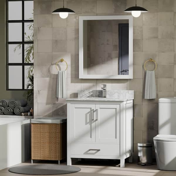 Jacques 30 in. W x 22 in. D White Bath Vanity and Carrara Marble Top