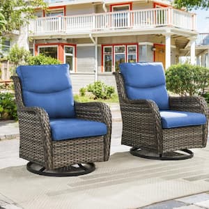 Gray Swivel Glider Wicker Outdoor Rocking Chair with Blue Cushions (2-Pack)