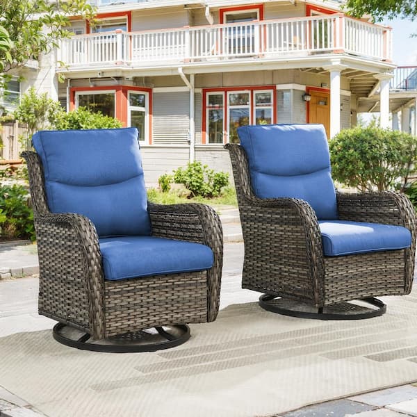 Gray Swivel Glider Wicker Outdoor Rocking Chair with Blue Cushions (2-Pack)