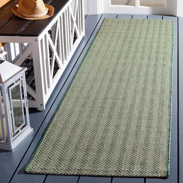 Courtyard Dark Green/Beige 2 ft. x 8 ft. Solid Color Chevron Indoor/Outdoor Runner Rug