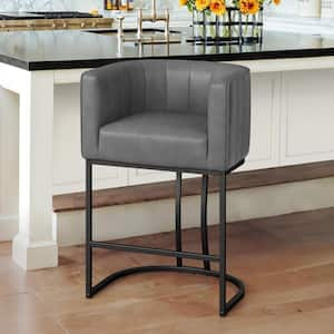 Siska 26 in. Modern Gray Faux Leather Upholstered Counter Stool with Black Metal Frame Barrel Counter Bar Stool