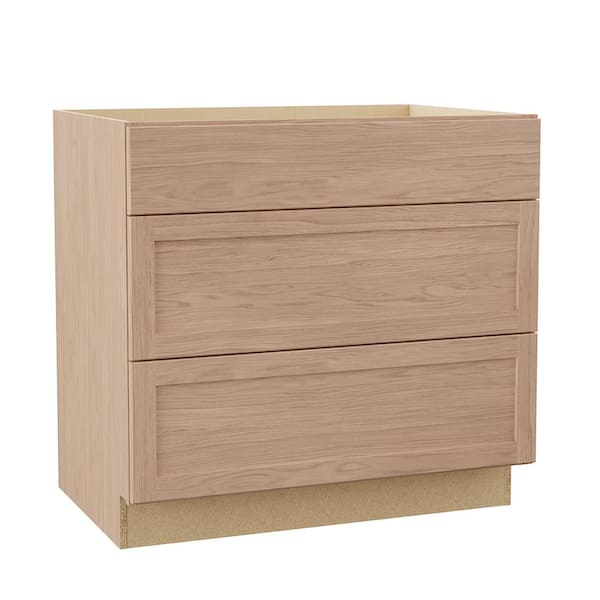 Sinclair 36 in. W x 24 in. D x 34.5 in. H Assembled 3-Drawer Base Cabinet in Shaker Light Oak