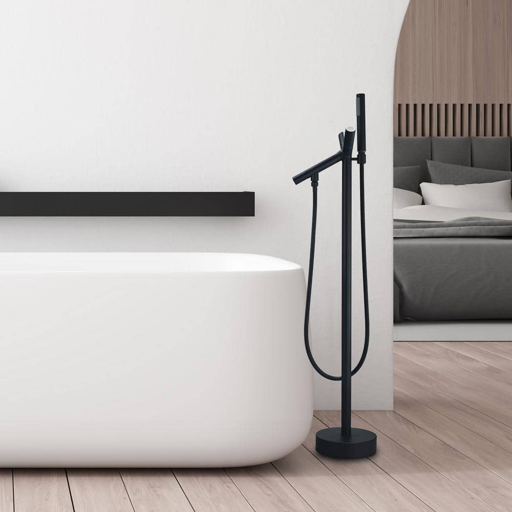 Matte Black Freestanding Floor Mounted Tub Filler with Handshower