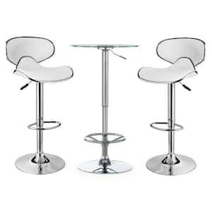 Nelson 3-Piece Round Glass Top Adjustable Chrome Base with Adjustable White Faux Leather Barstool Bar Table Set