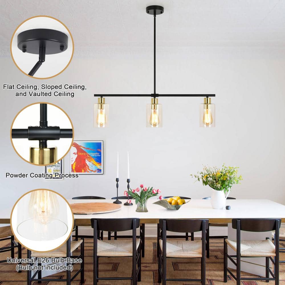 Black and Gold Linear Metal Chandelier with Clear Glass Shades