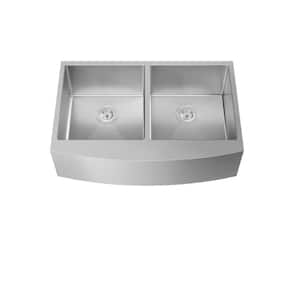 33 in. Farmhouse/Apron-Front Double Bowl 16 Gauge Stainless Steel Kitchen Sink with Bottom Grids and Strainer Basket