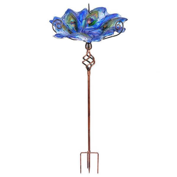 31 in. H Deep Blue Glass Bird Bath Stand Outdoor with Metal Stake