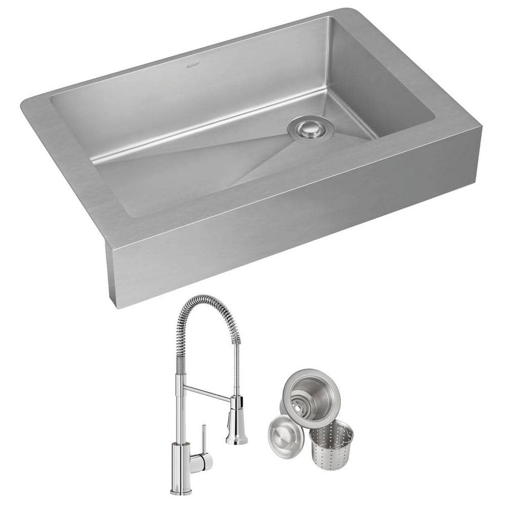 Elkay Crosstown 18-Gauge Stainless Steel 35.875 in. Single Bowl Farmhouse Apron Kitchen Sink with Faucet and Drain, Polished Satin -  ECTRUF30179RFCC